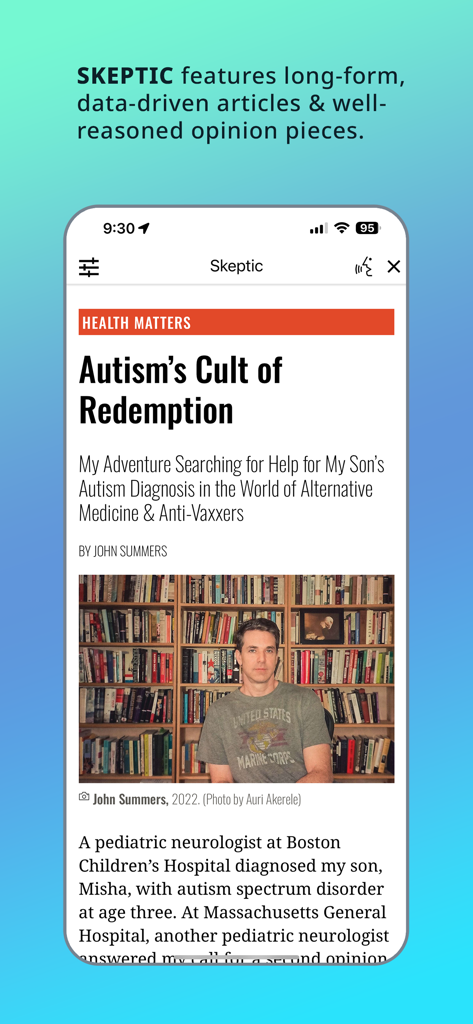 Skeptic Magazine app showing a long-form article about science and health on a smartphone screen