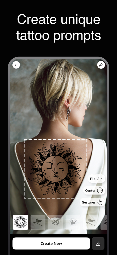 Ink.Art: Tattoo AI Generator - A woman using the Ink Art app to preview a sun and moon tattoo on her back with AR.