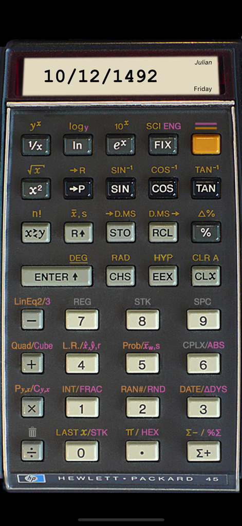 RPN-45 SD - Interfaz de la aplicación de calculadora científica RPN-45 SD mostrando una fecha juliana en una pantalla LED vintage