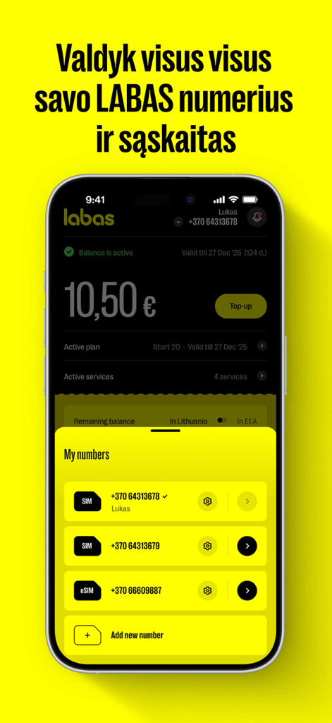 MANO LABAS - Mobile app interface showing a list of phone numbers for managing multiple accounts and SIM cards