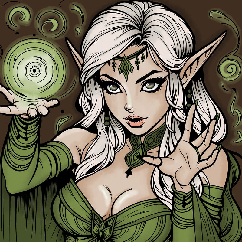 realistic scary beautiful elf sorceress casting spell