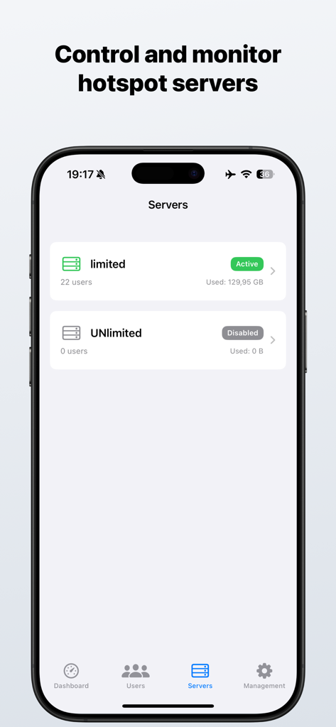 Mikrolink Hotspot - Interfaz de la aplicación Mikrolink Hotspot mostrando una lista de servidores activos y deshabilitados con recuento de usuarios y estadísticas de uso de datos