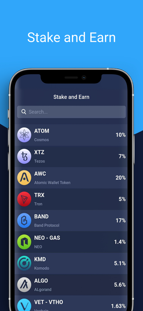 Atomic Wallet mobile App-Oberfläche, die den Stake- und Earn-Bildschirm mit Kryptowährungsbelohnungen für verschiedene digitale Assets anzeigt.