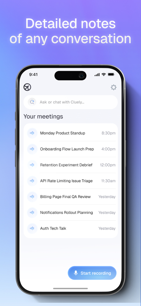iPhone screen showing the Cluely AI Notetaker app with a list of recorded meetings and summaries