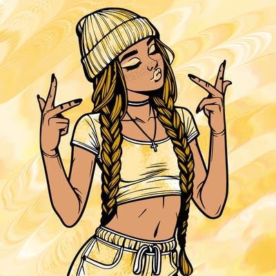realistic teenage girl with braids and a beanie and crop top doing 🫶🏼
