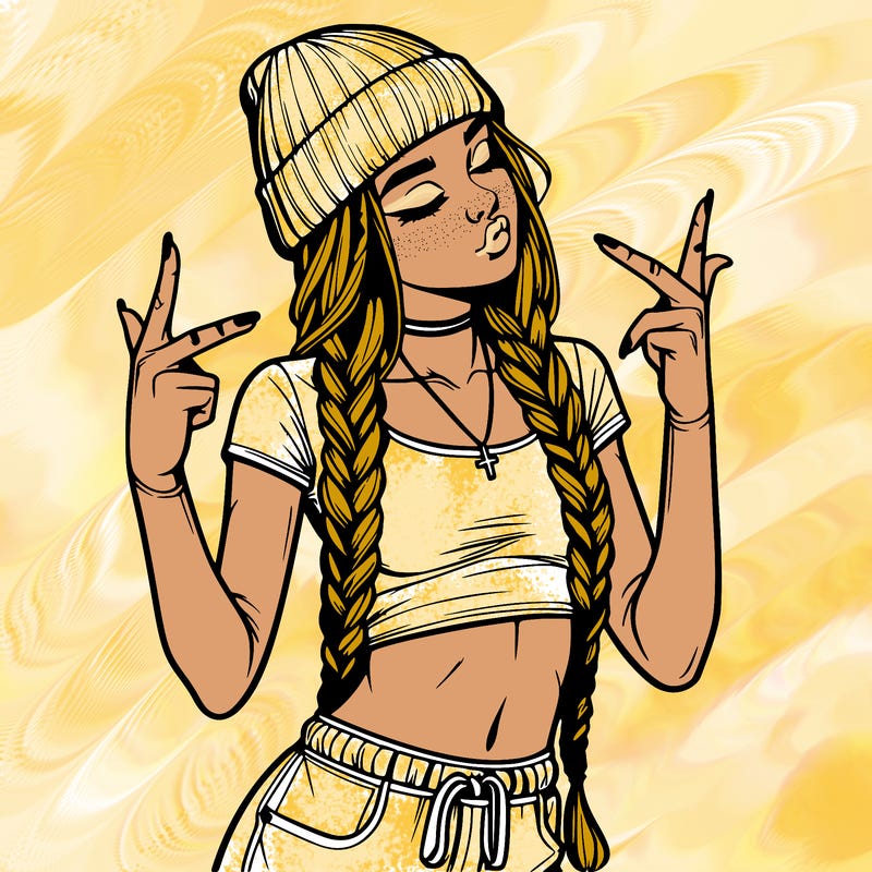 realistic teenage girl with braids and a beanie and crop top doing 🫶🏼