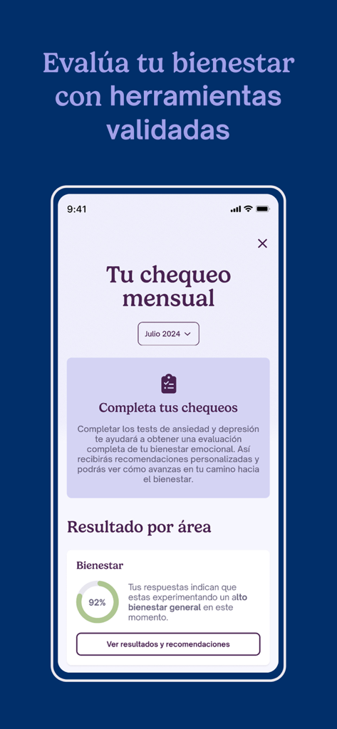 Selia: Bienestar Mental - Seliaアプリのインターフェース。92パーセントのスコアを持つ毎月のメンタルウェルビーイングチェックアップが表示されています。