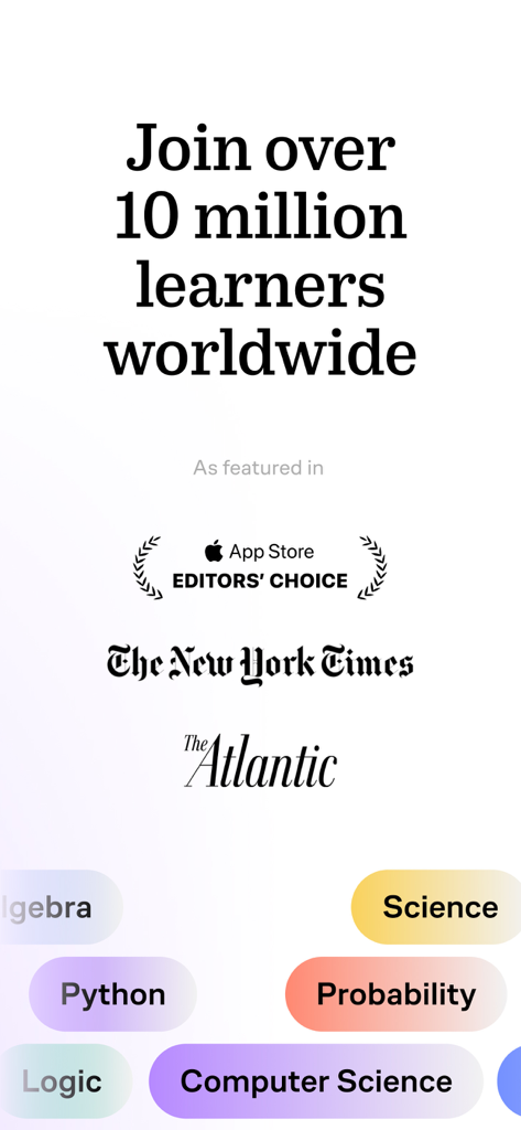 Brilliant app screenshot showing 10 million learners milestone and media endorsements from the New York Times and the Atlantic
