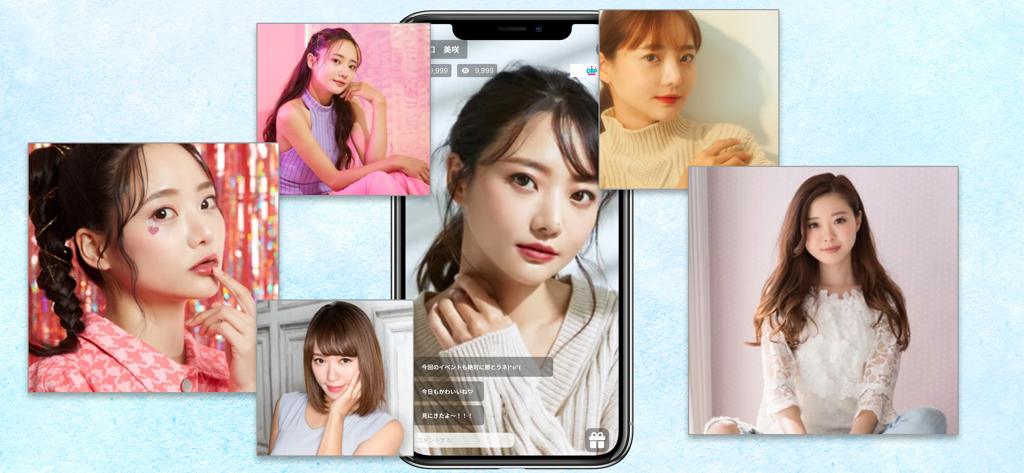 グラプリ - A mobile phone showing a live stream interface on the GraPri app surrounded by photos of young female models and idols