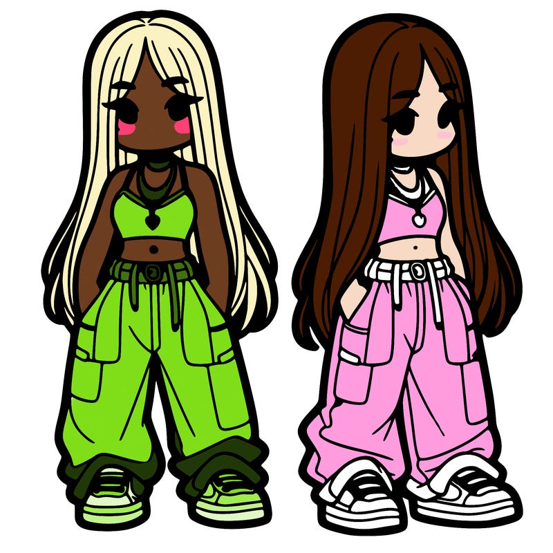 girl in baggy pants crop top and long hair