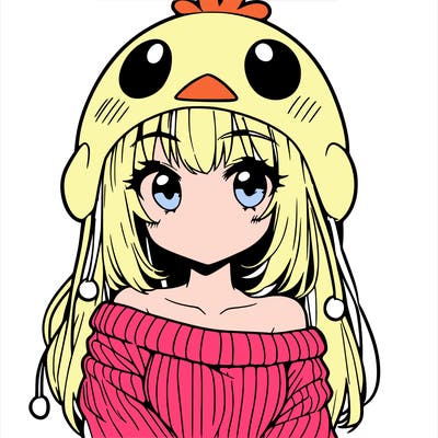 anime girl with chick shaped hat with sweater with bare shoulders with bangs covering them one eye with low tail