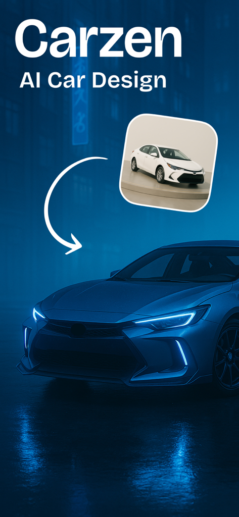 Carzen - AI Car Design - Carzen app showing a white sedan being transformed into a custom blue sports car using AI design