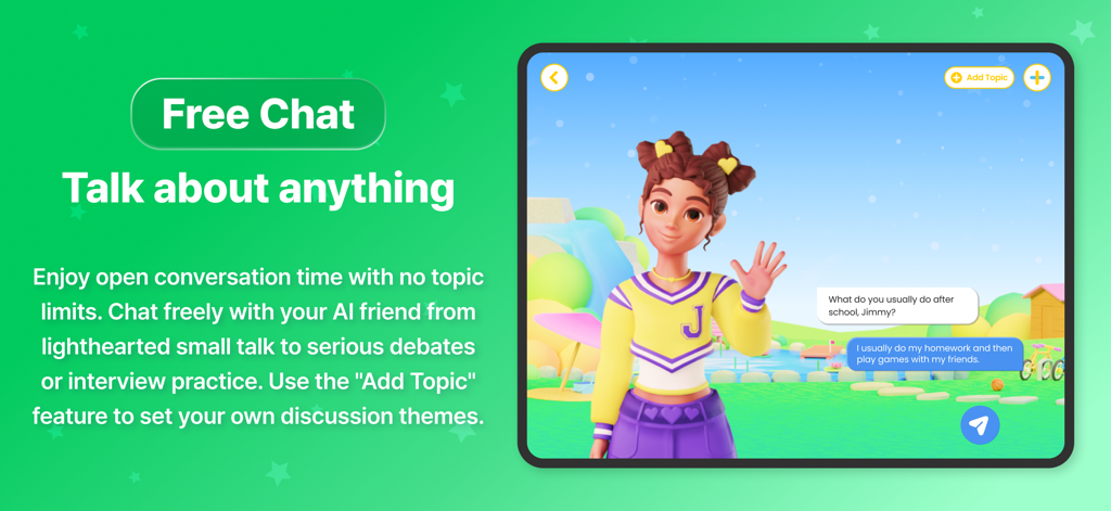 Ella School - English Learning - AI character Ella engaging in a free English chat session with a student on a tablet screen