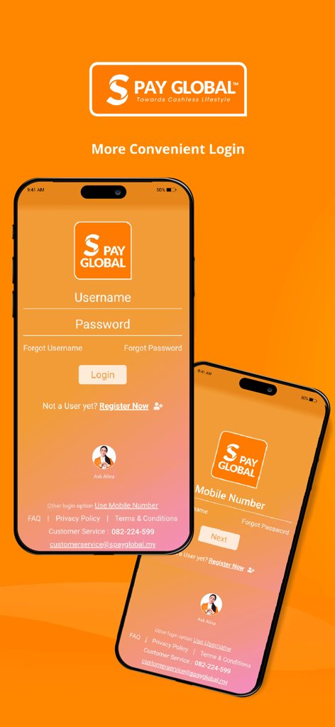 S PAY GLOBAL app login screen featuring username and mobile number login options on an orange background