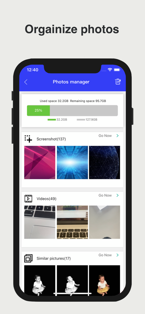 Super Cleaner Mobile App-Bildschirm zeigt Fotoverwaltung und Speicherplatznutzungsanalyse