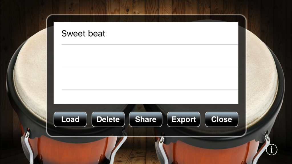 Bongos! - Recording management interface in the Bongos app showing options to load, share, and export beats