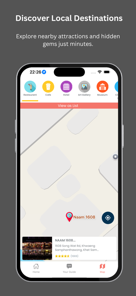 AI Travel Guide - Bangkok - L'application Guide de Voyage IA affiche une carte interactive de Bangkok avec des recommandations de restaurants locaux et des filtres de catégories.