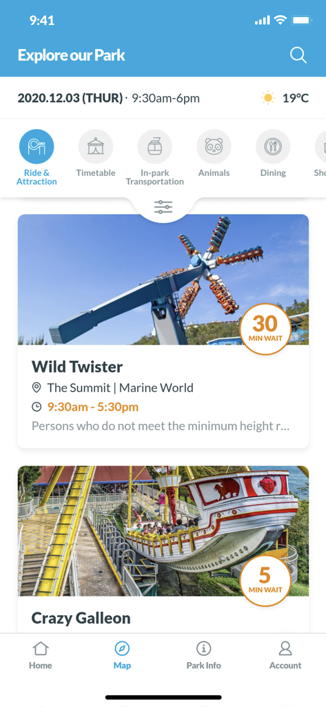 Ocean Park Hong Kong - Mobile app interface of Ocean Park Hong Kong showing live wait times for theme park rides like Wild Twister