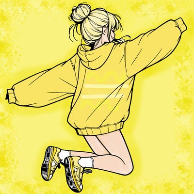 realistic girl jumping with a bun and oversized sweatshirt
