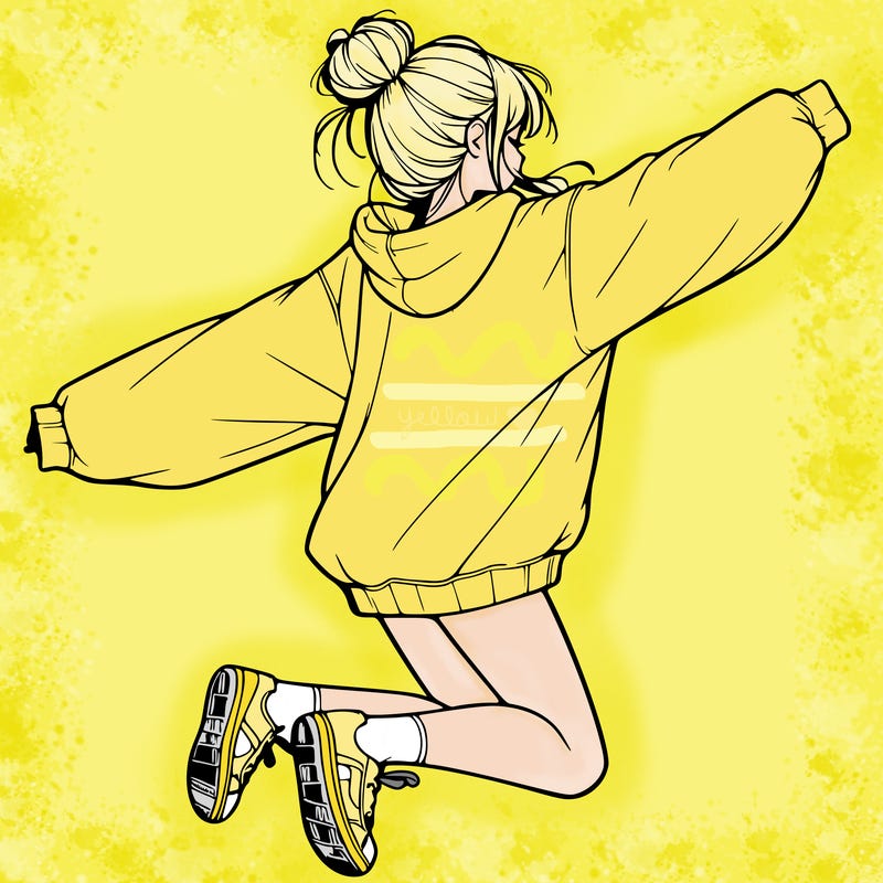 realistic girl jumping with a bun and oversized sweatshirt