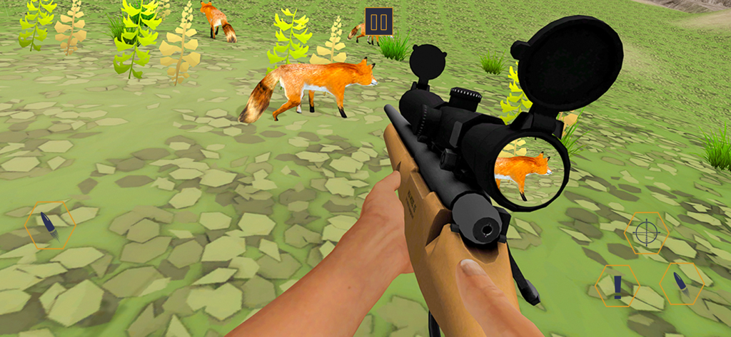 Deer Hunter Animal Simulator - Vista en primera persona de disparos para cazar un zorro con un rifle con mira en un entorno 3D
