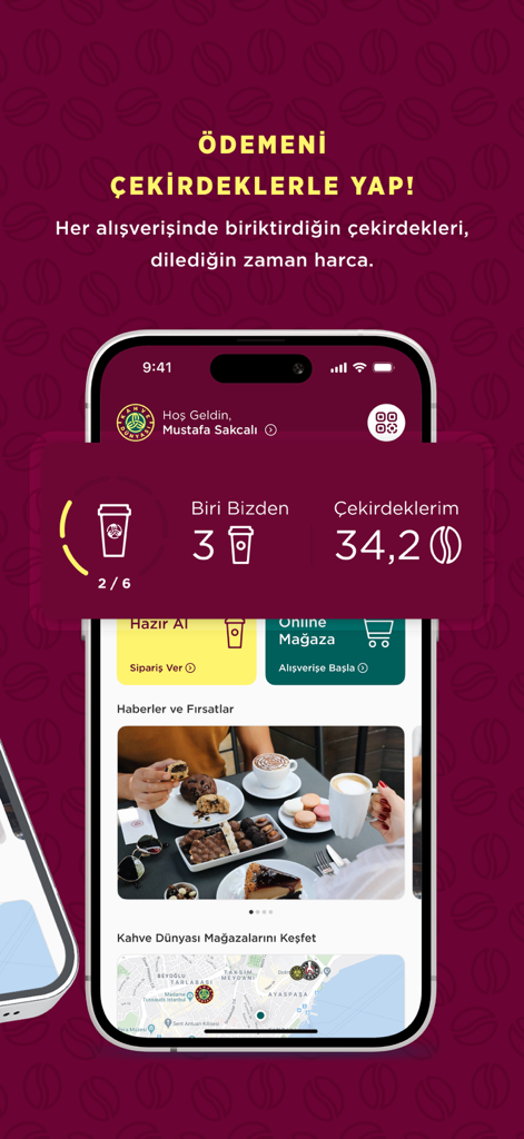 Kahve Dunyasi mobile app interface showing loyalty points coffee rewards and store location map