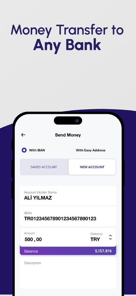 Sipay - Interfaz de la aplicación móvil Sipay para enviar dinero a través de IBAN con campos de nombre y monto