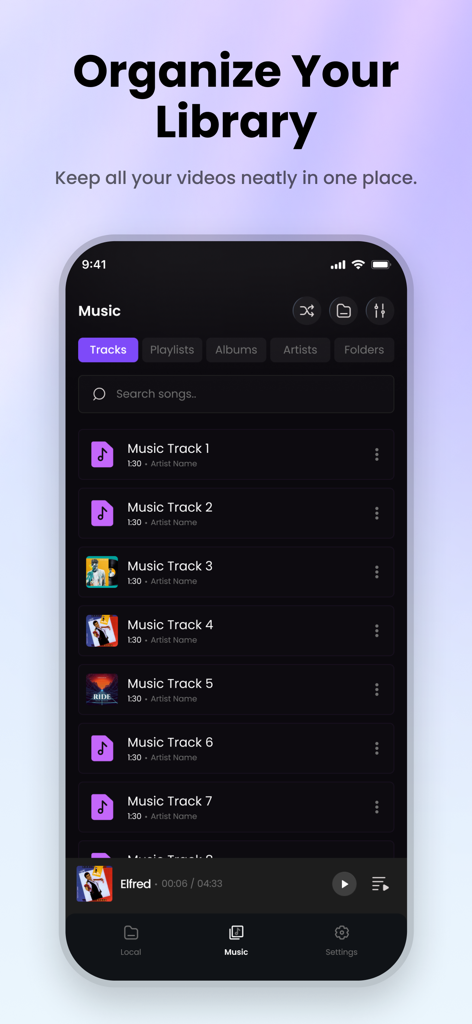 Video Player All Format HD - Una pantalla de smartphone que muestra una interfaz de biblioteca de reproductor multimedia con opciones para organizar videos y música en pistas, listas de reproducción y carpetas