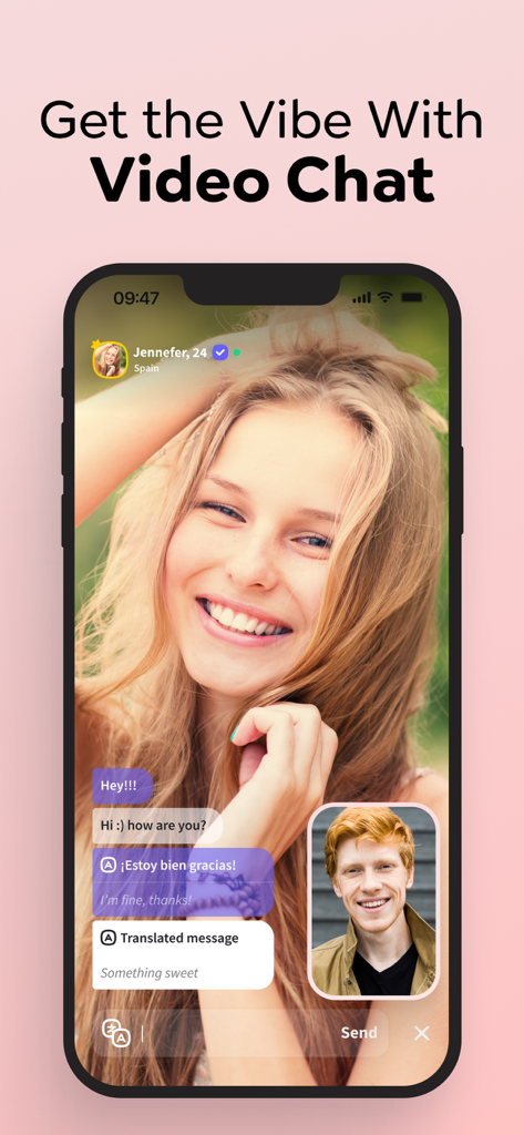 Waplog - Dating & Video Chat - App di incontri Waplog che mostra videochiamate live con traduzione in tempo reale tra due utenti
