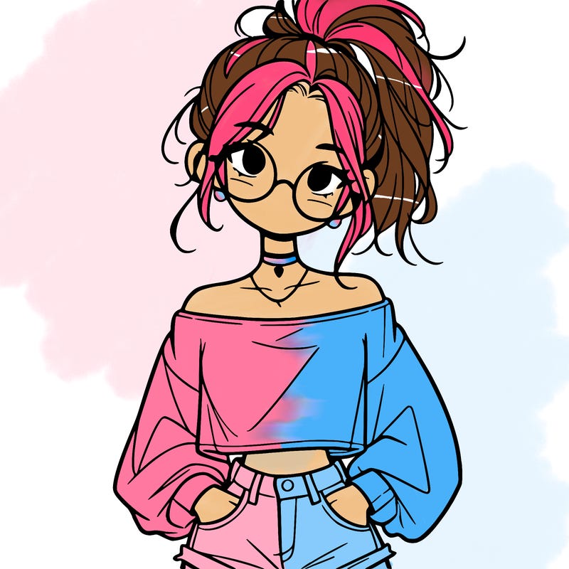 girl with a messy ponytail glasses a baggy crop top and jean shorts