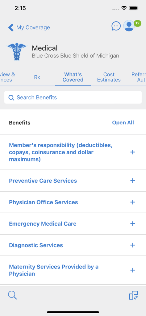 BCBSM - BCBSM mobile app interface showing the coverage and benefits section with medical services like preventive care and emergency medical care.