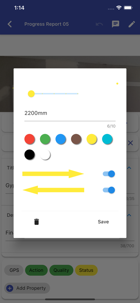 Report & Run: Integrate - Menú de configuración de anotaciones en la aplicación Report and Run que muestra la entrada de medición y el selector de color para la documentación del sitio.
