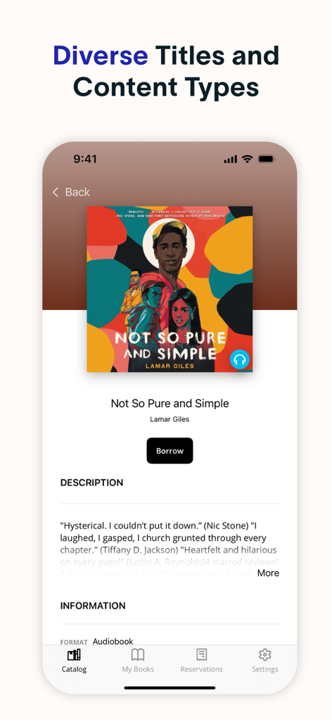 The Palace Project - Una pantalla de smartphone que muestra una página de detalles de audiolibro en la aplicación The Palace Project con un botón para pedir prestado el título.
