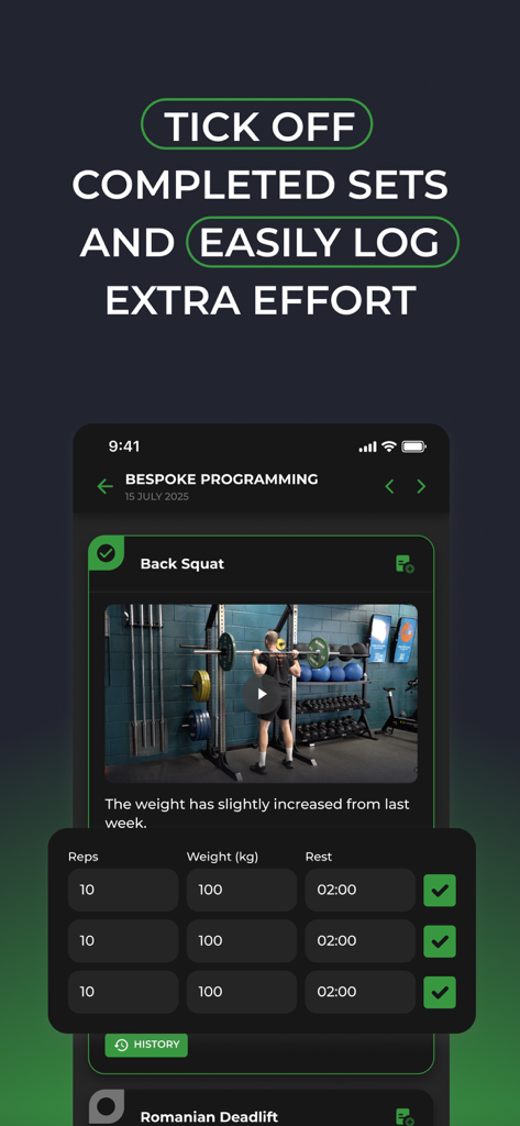 Interface of the FITR app showing completed sets logging and a video tutorial for back squats
