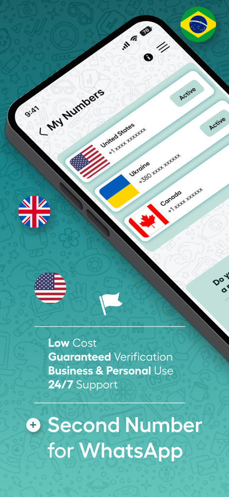 Interfaz de la aplicación SimWa en iPhone mostrando números virtuales activos para EE. UU., Ucrania y Canadá para WhatsApp Business