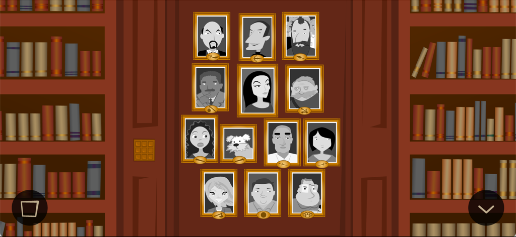 Retratos de personagens desenhados à mão em uma porta de biblioteca no jogo de mistério Beast of Bodkin Hall.