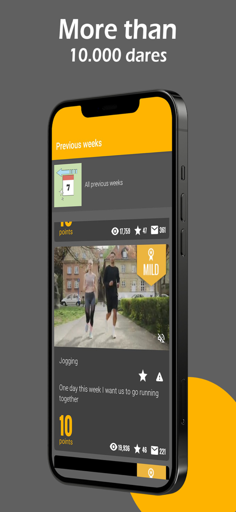 Um smartphone exibindo a interface do aplicativo Desire com um desafio leve de corrida para casais ganharem pontos.