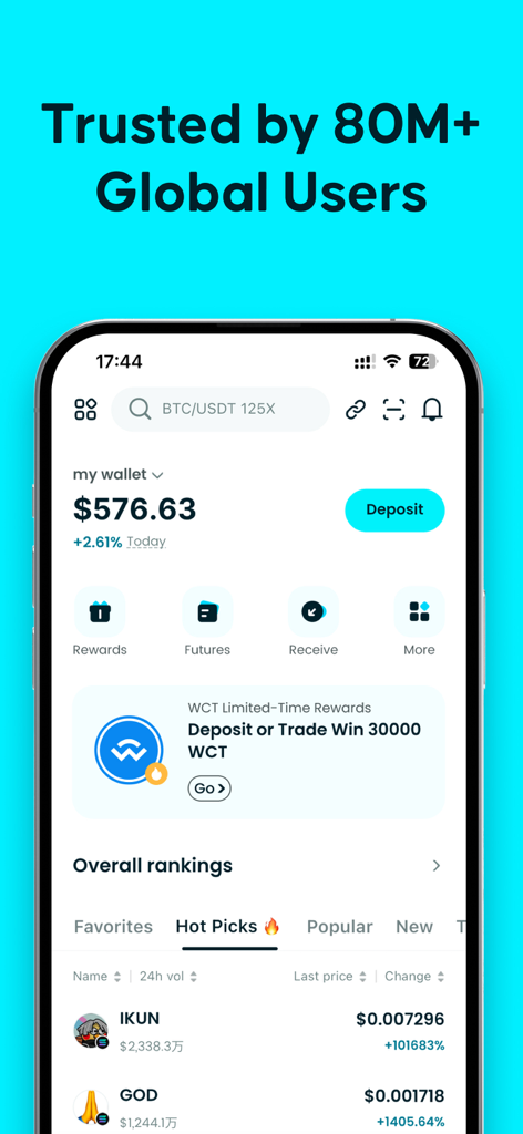 Bitget Wallet: Bitcoin, Crypto - Bitget Wallet mobile interface showing account balance and trending cryptocurrency hot picks.