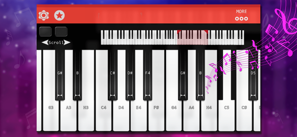 Real Piano : Be Pianist Hero - Interface of the Real Piano app featuring a digital keyboard with labeled music notes and decorative musical symbols