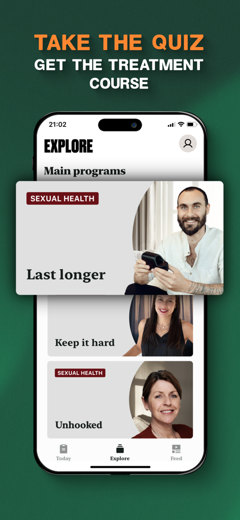 The Coach: Mens Health & Kegel - Pantalla de exploración de la aplicación The Coach que muestra programas de salud sexual para hombres, incluyendo 'Durar Más' y 'Mantenerla Dura'.