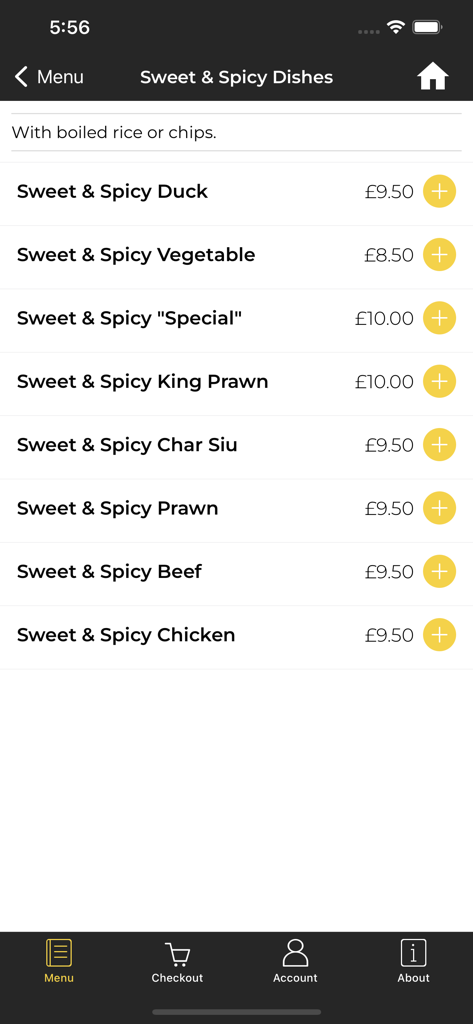 New Hong Kong Montrose app menu showing a list of sweet and spicy Chinese dishes with prices