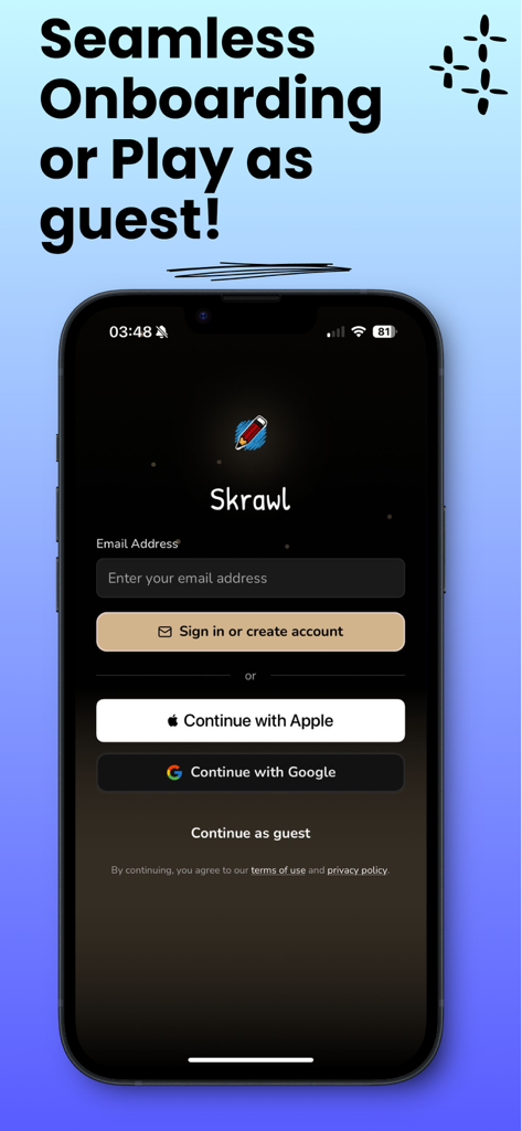 Skrawl – Draw, Guess & WIN! - Pantalla de inicio de sesión de la aplicación Skrawl que muestra inicio de sesión social y opciones de juego como invitado
