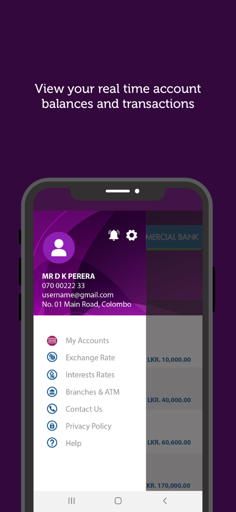 ComBank ePassbook - ComBank ePassbook mobile app menu showing real time account balances and options