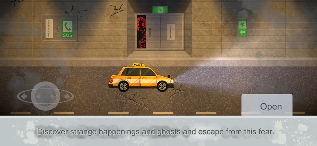 The Endless Tunnel - A yellow taxi cab in a dark tunnel with a creepy ghost figure appearing in a doorway