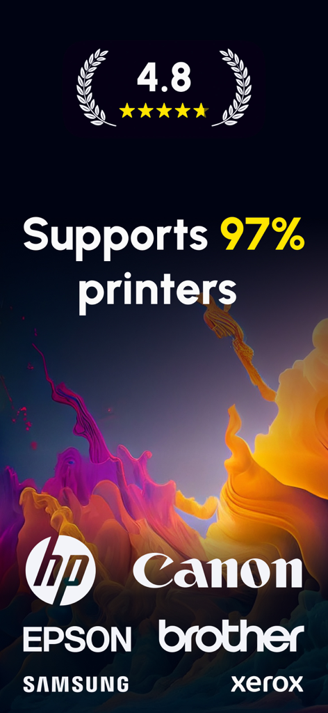 Printer App Smart Printer - Screenshot of the Printer App showing a 4.8 star rating and 97 percent printer compatibility with logos for HP Canon Epson Brother Samsung and Xerox