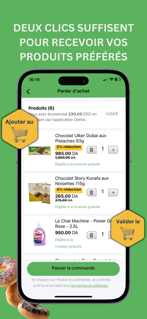Dellvo: Fast Delivery Service - Dellvo mobile app shopping cart screen showing groceries and detergent with a place order button