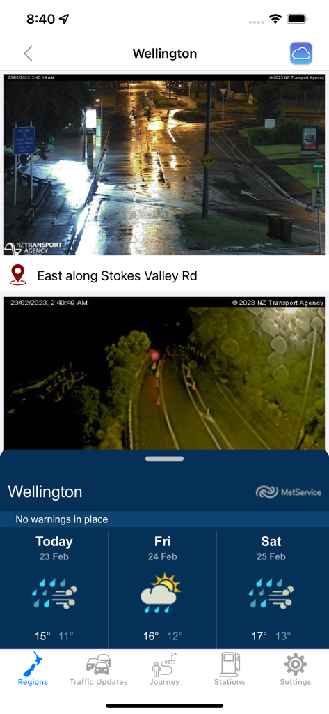 Live Wellington traffic cameras and weather forecast displayed in the NZ Traffic Cameras app