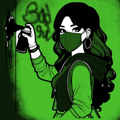 realistic girl with mask spray painting a wall