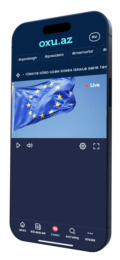 Oxu.Az mobile news application interface showing a live video broadcast with Azerbaijani news headlines and navigation menu