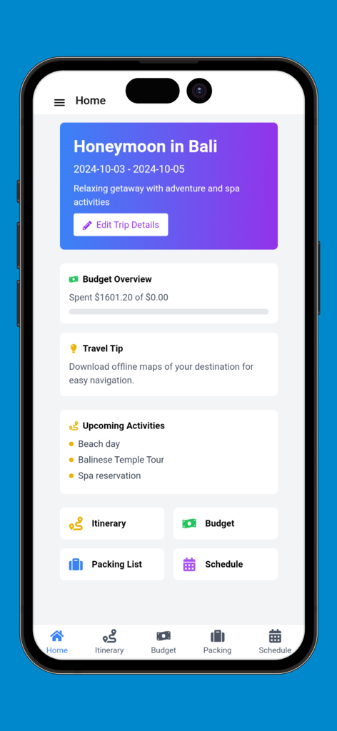 발리 여행 일정, 예산 개요 및 예정된 활동을 보여주는 여행 플래너 앱 홈 화면